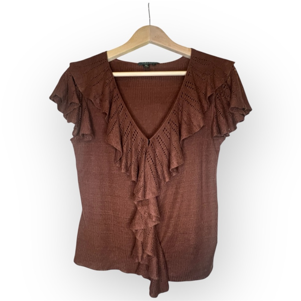 Lauren Ralph Lauren Brown 100% Linen Knit Flutter Sleeve Ruffled Blouse